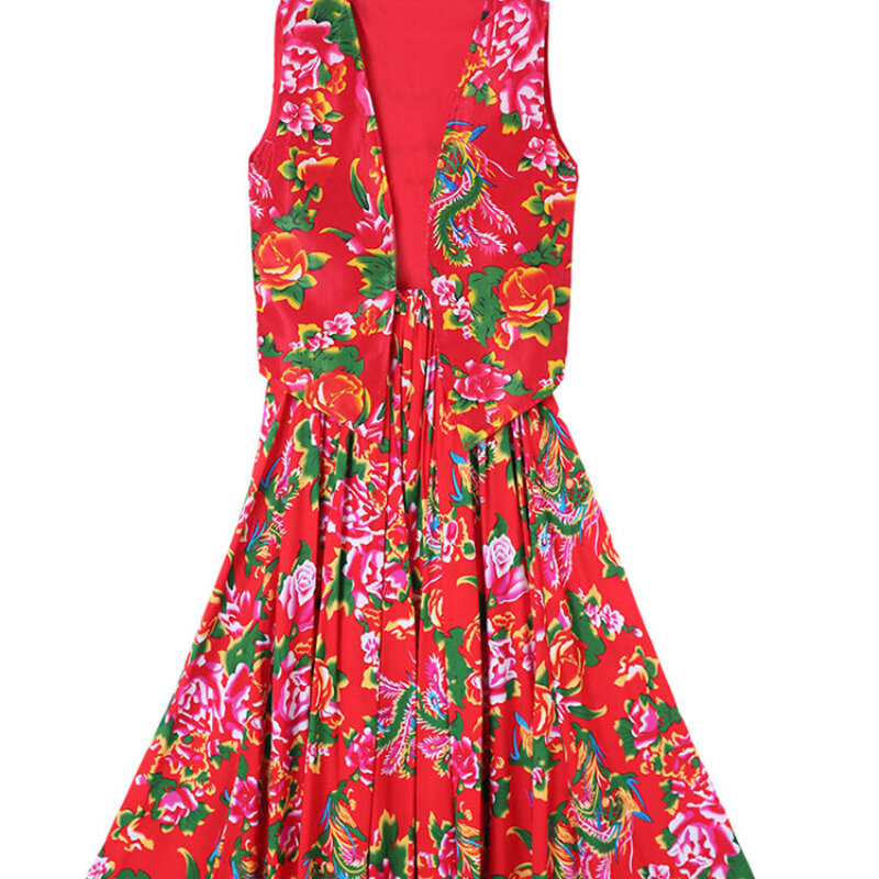 Jupe trapèze longue en coton rouge pour femme, taille élastique, imprimé floral, grand ourlet, mode, Q638