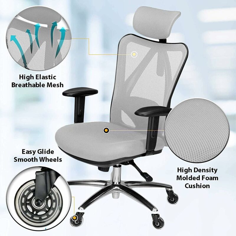 Chaise de bureau réglable avec support lombaire et curseur à roulettes, dossier haut, maille respirante, mobilier de bureau