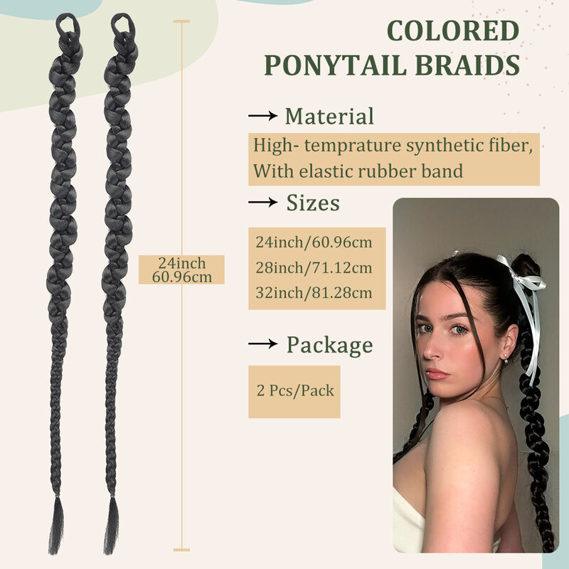 Box Braided Ponytail Synthetic ExtensionLong Braiding Hair Extensions 2 Pieces Set with Rubber Bands Double Fishtail Braided