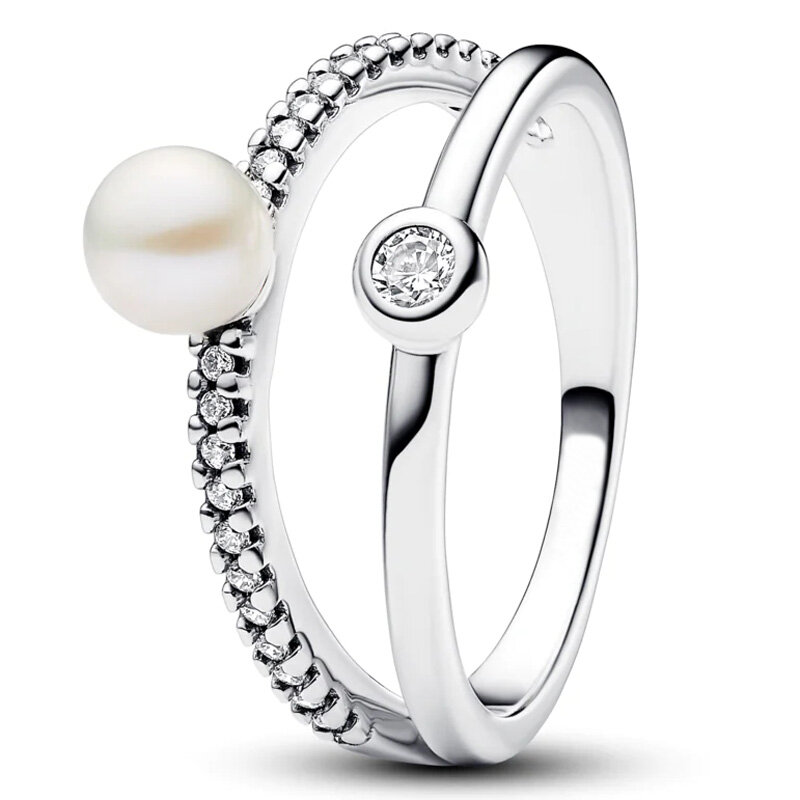 Fila de Plata de Ley 925 auténtica, Perla tratada Eternity y pavé, anillo doble abierto con cristal, regalo para mujer, joyería de moda