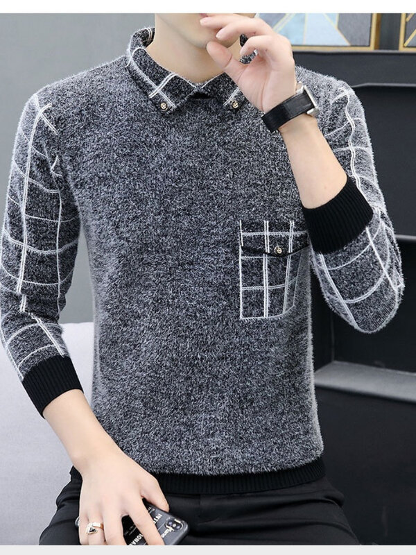 Mens Winter Casual Pullover Turn-Down Collar Long Sleeve Jacquard Soft Fur Sweaters Plaid Pockets Slim Men's Knitwear Pullovers