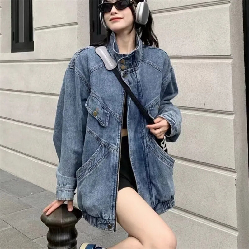 Cappotto di jeans retrò 2024 autunno vestibilità ampia medievale Street Design Sense Stand up Collar Jacket Top Trendy tinta unita pendolarismo