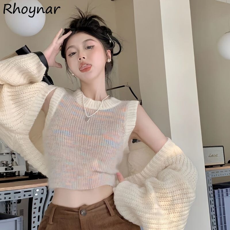 Women Sets Fashion Cardigans Colorful Camis  Korean Style Sweet Knitted O-neck All-match Leisure Soft Slim Comfortable Basic