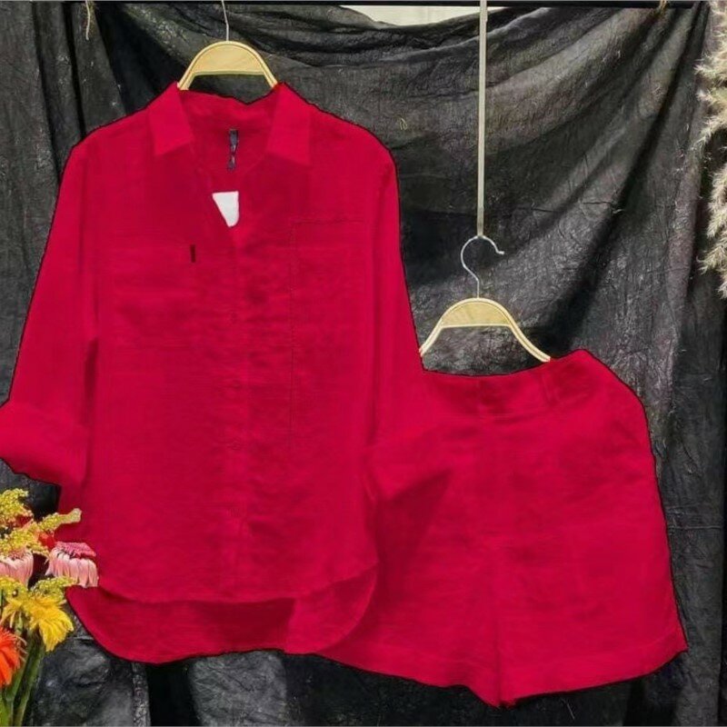 女性用長袖シャツ,無地,カジュアルウェア,サマーショーツ,ホームウェア,2枚セット,2022