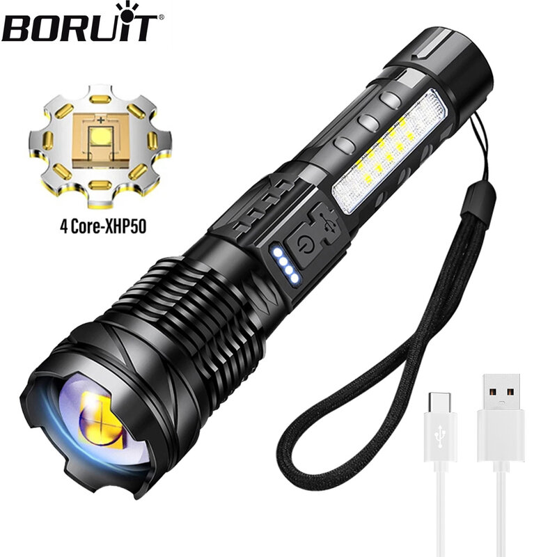 BORUiT 30W LED Flashlight Type-C Rechargeable Portable Zoom Torch 18650 Built in Battery with Power Display Camping Emergency