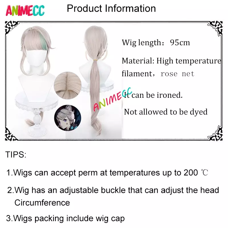 ANIMECC 리넷 코스프레 가발, 원신 임팩트 폰테인 코스프레 가발, 95cm 모발 내열성 합성 애니메이션 역할 놀이 귀 + 가발 모자
