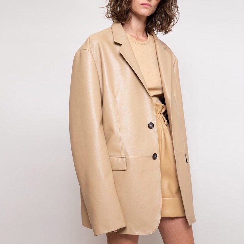 Abrigo de piel auténtica con dos botones para mujer, chaqueta holgada con hombro caído, estilo Unisex, traje de piel de oveja, primavera y otoño, 2023