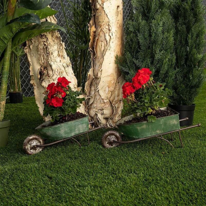 2pk Set penanam taman gerobak besi pedesaan-hijau dekorasi rumput antik konstruksi tahan cuaca dan tahan lama