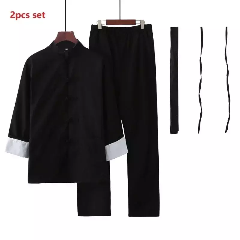 Terno Tang tradicional chinês para homens, Bruce Lee, Kung Fu, uniforme de prática, camisa de linho preto, calças, roupas Wing Chun Wushu Tai Chi