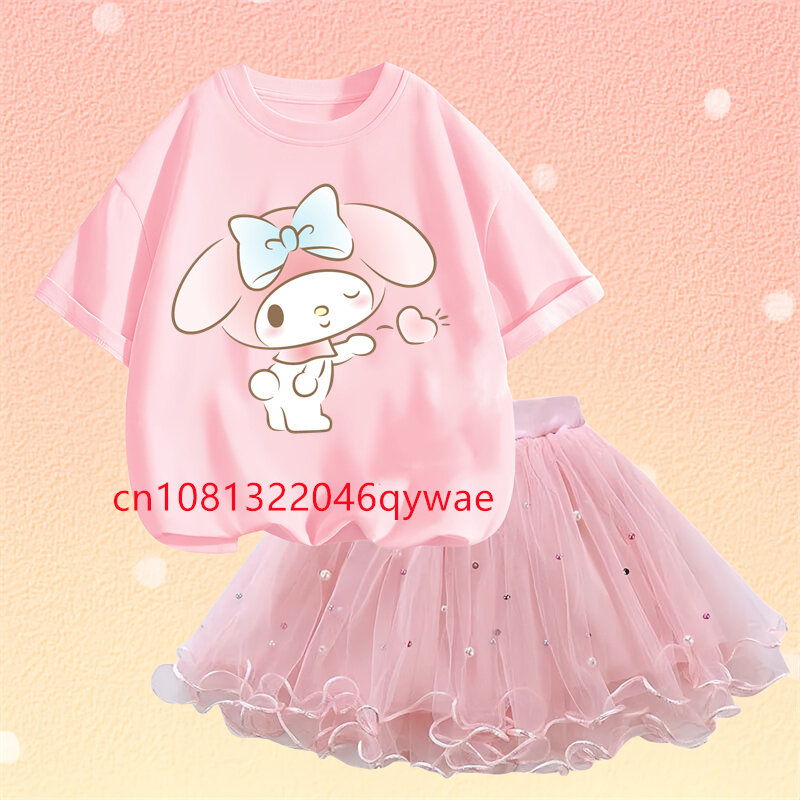 Nieuwe Zomer Kawaii Kleine Meisjes Kleding Sanrio Melodie T Shirt Tutu Rok Tweedelige Set Mode Koreaanse Kinderkleding 3-14 Jaar