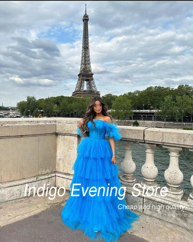 Indigo Tulle Prom Dresses Off Shoulder Floor-Length A Line Tiered Women Formal Party Dress 2024 robe de soiree فساتين السهرة