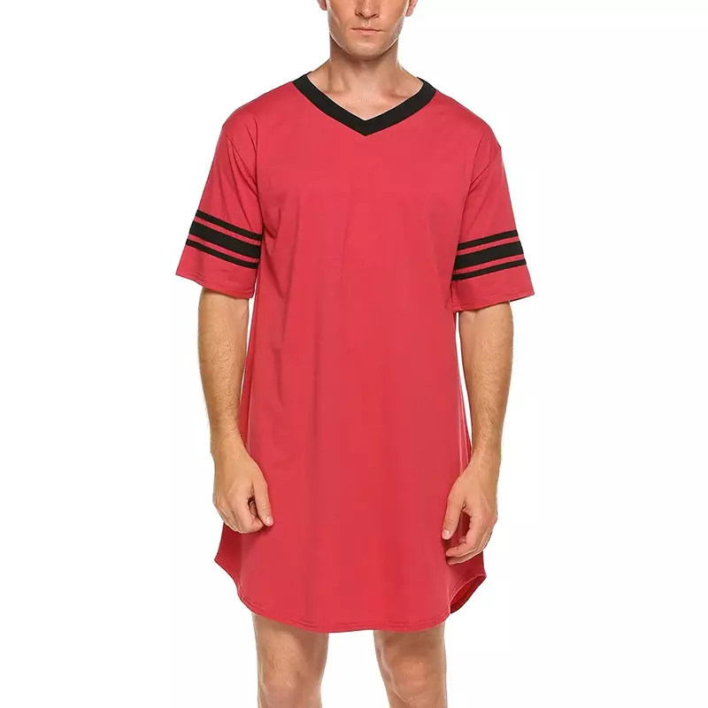 Men Nightwear Soft Comfortable Loose Male Sleepshirts Cotton Sleeve Men Nightshirt Short Homewear Sleepwear V-neck