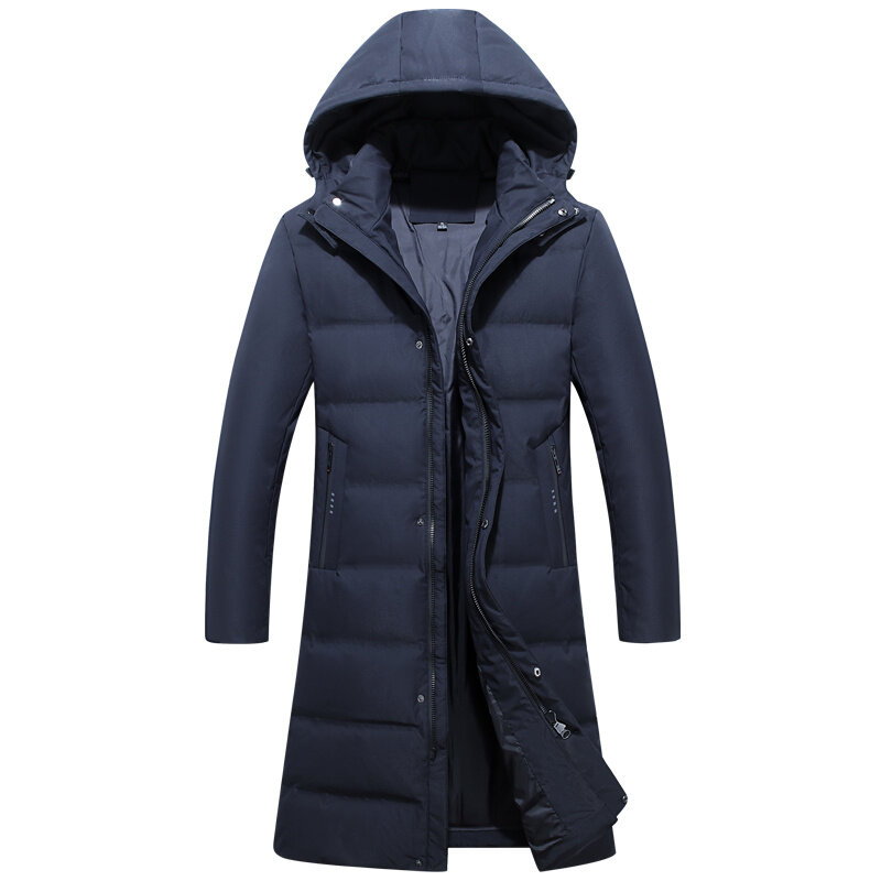 남성용 롱 90% 화이트 덕 다운 재킷, 두꺼운 후드 2023 코트, 무릎 위 따뜻한 파카 오버코트, 겨울 패션