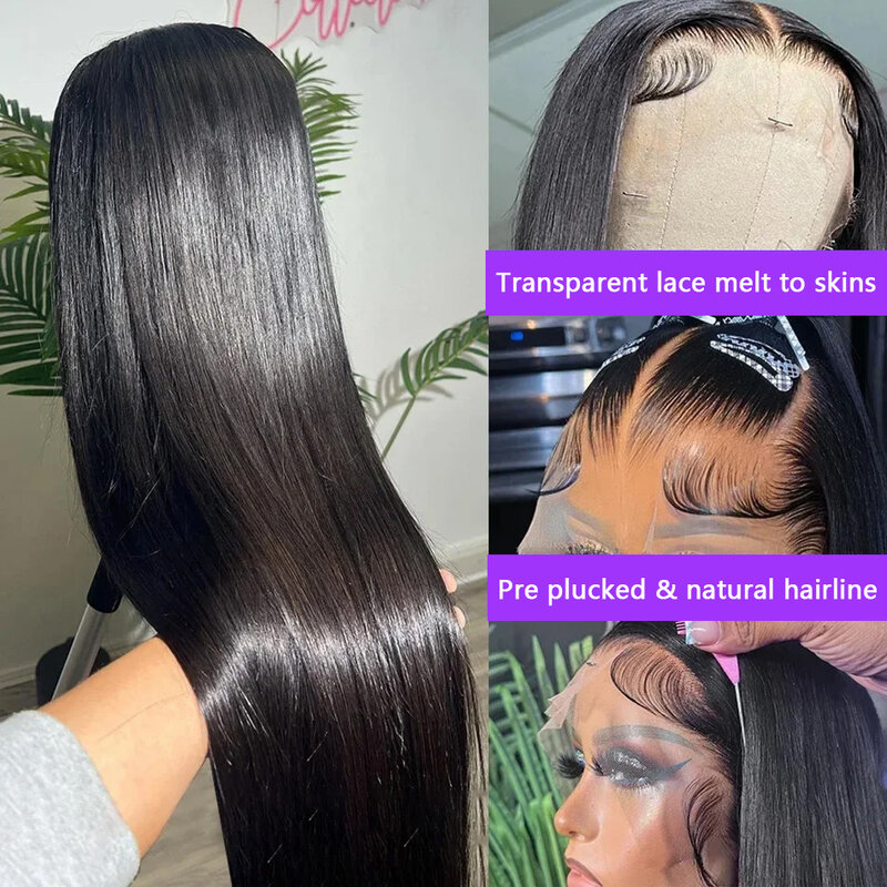 Peluca de cabello humano liso para mujer, postizo de encaje frontal transparente de 13x4, pelo brasileño con cierre de encaje 4x4, densidad de 180, 32 y 34 pulgadas