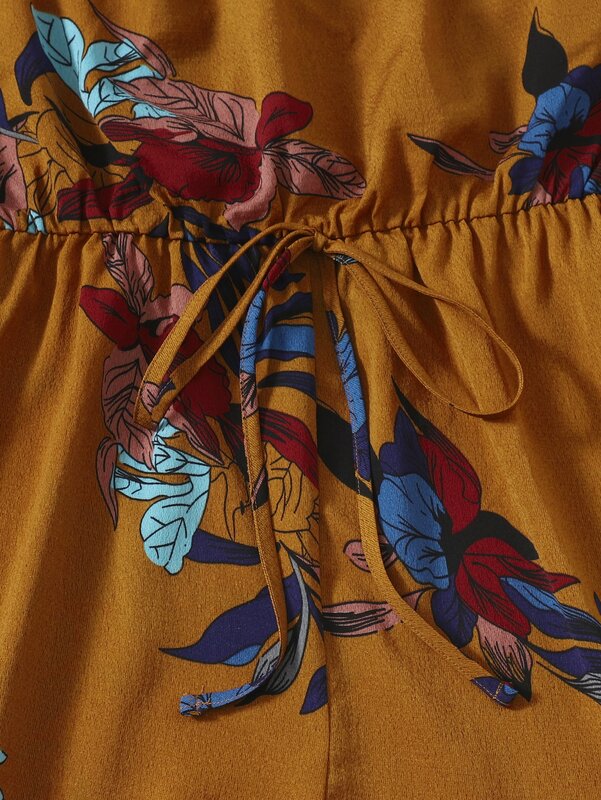 ชุดจั๊มสูทสไตล์โบโฮสำหรับผู้หญิงชุดรอมเปอร์เปิดหลังมีเชือกผูกคอขนาดใหญ่พิเศษพิมพ์ลายใบไม้พลัสไซส์