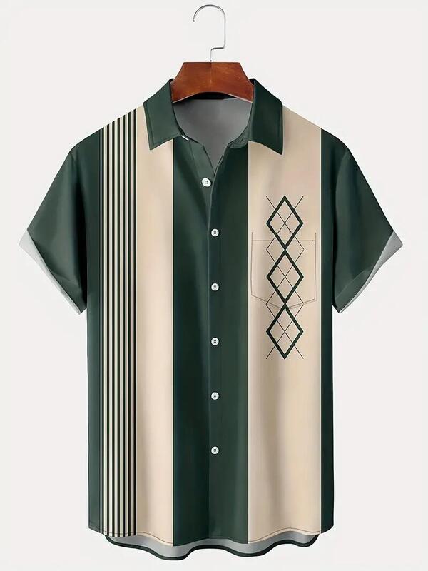 2024 Summer New Trendy Hawaiian Fashion Shirt with Retro Bowling Ball Geometric Print Men's Shirt with Pocket Button Large Cloth