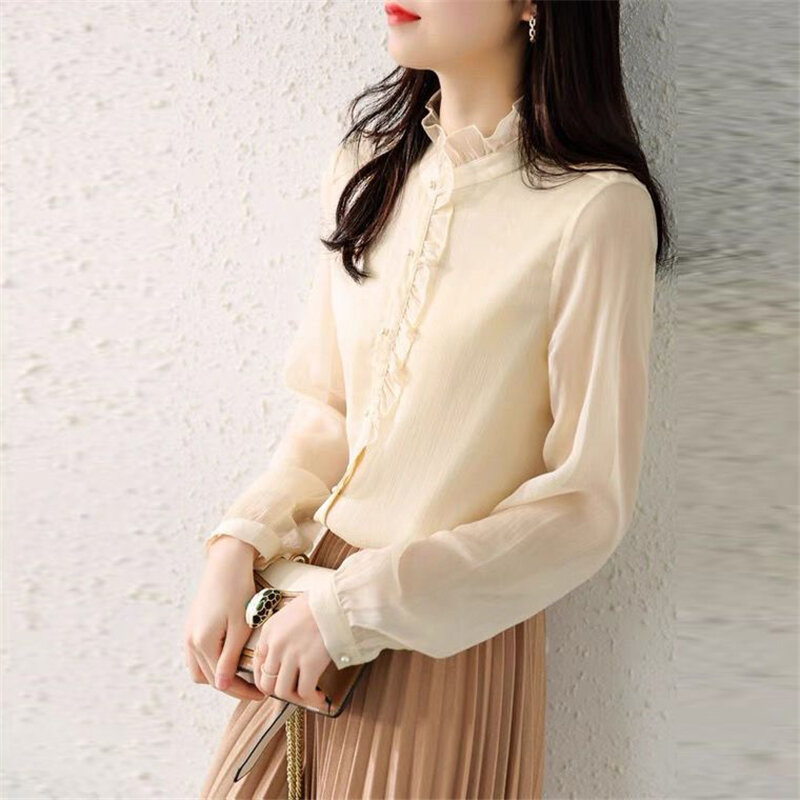 Women Elegant Chic Sweet Ruffle Stand Collar Beads Button Up Chiffon Shirts Casual Solid Long Sleeve Blouse Top Female Clothing