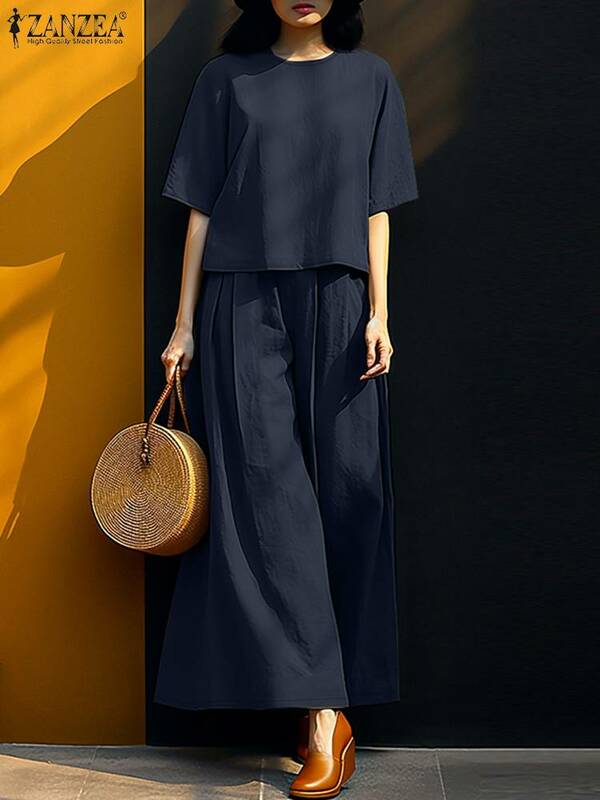 ZANZEA-Conjunto de blusa de media manga y pantalones de pierna ancha para mujer, chándal de 2 piezas, color liso, para verano, 2024