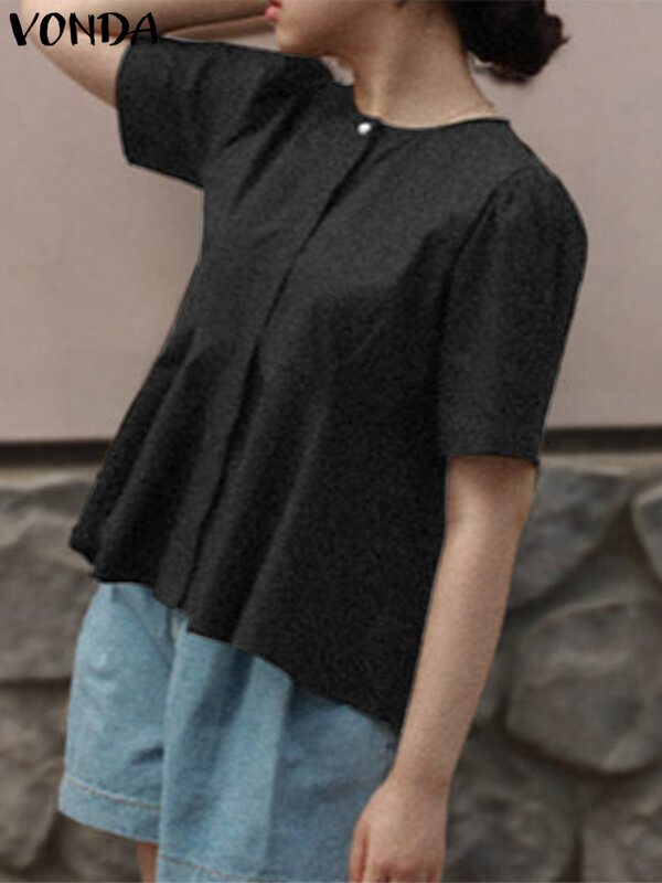 Vonda-Blusa feminina folhada com gola O, tops casuais de cor sólida, pulôver solto, camisas de festa, moda, verão, 2023