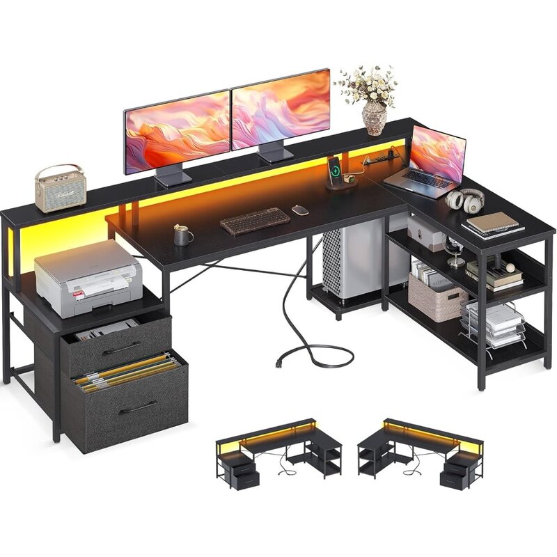 파일 서랍이 있는 L 자형 책상, 전원 콘센트 및 LED 스트립이 있는 가역 L 자형 컴퓨터 책상, 사무실 책상, 75 인치