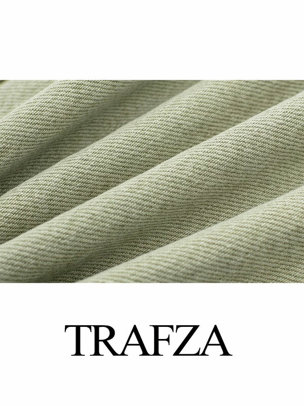TRAFZA 2024 Spring Women's Versatile Denim Green Skirt Front Slit High Waist Pockets Slim Female Casual A-Line Chic Midi Skirts