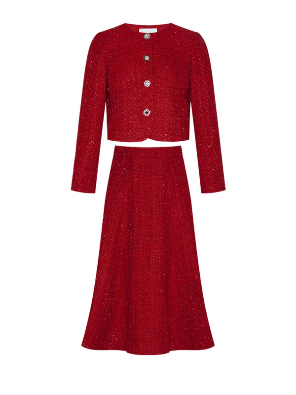 Женское твидовое пальто, красное приталенное пальто с коротким круглым вырезом и длинными рукавами, универсальное, весна-осень