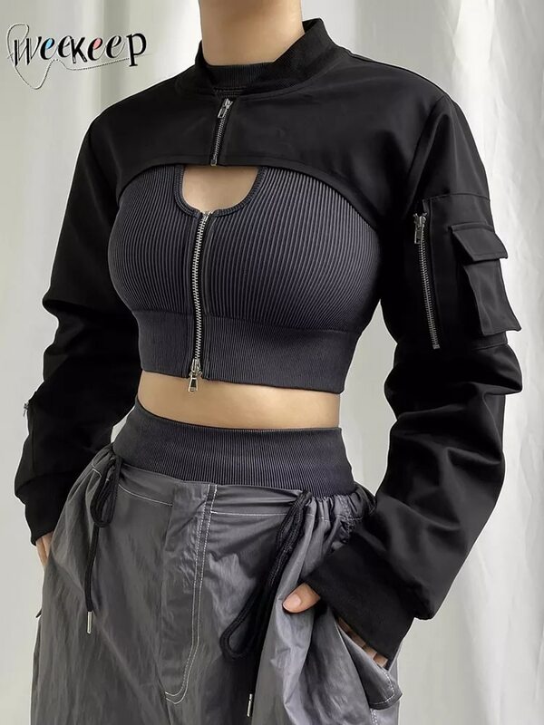 Weekeep estilo punk das mulheres super jaqueta curta com zíper e bolso patchwork streetwear moda preta coreana