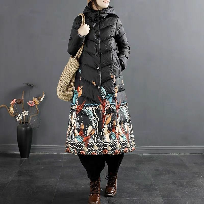 2023 여성용 국가 스타일 다운 재킷, 패션 인쇄 분리형 후디, 루즈하고 두껍고 따뜻한 롱 다운 재킷, 가을, 겨울, 신상