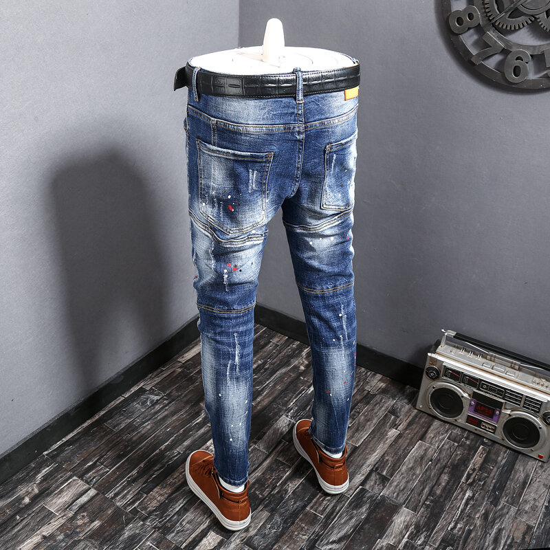 Streetwear Fashion Men Jeans Retro Blue Elastic Slim Fit Spliced Designer Biker Jeans Men Trousers Hip Hop Painted Denim Pants