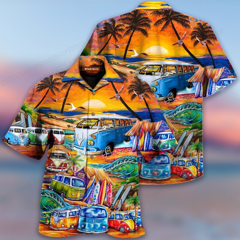 Camisa masculina com estampa 3D de ônibus vocacional, camisa havaiana, blusa de dardos de praia, manga curta com um único peito