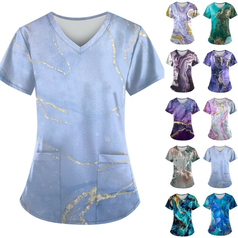 캐주얼 간호사 유니폼 프린트 여성 반팔 상의, V넥 블라우스 셔츠, 포켓 뷰티 케어 스크럽 유니폼