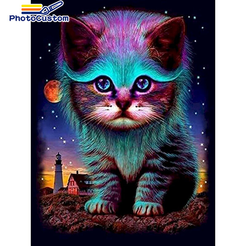 PhotoCustom berlian bordir kucing Dimaond lukisan hewan kruistik gambar Rhinestones mosaik Kit hadiah dekorasi dinding rumah baru