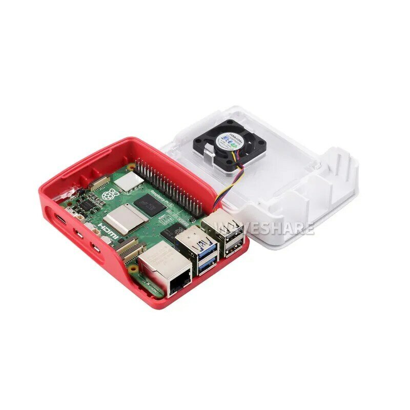Waveshare Resmi Raspberry Pi casing untuk Raspberry Pi 5, Built-in kipas pendingin, warna merah/putih