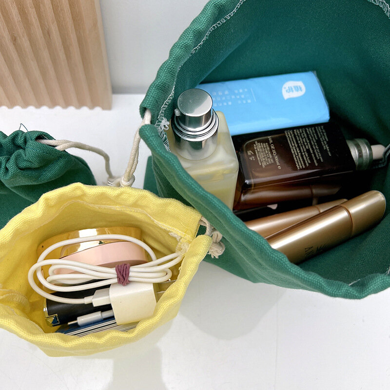 Small Cotton Canvas Drawstring Bag Portable Travel Female Cosmetic Lipstick Mini Storage Pouch Reusable Square String Cloth Bags