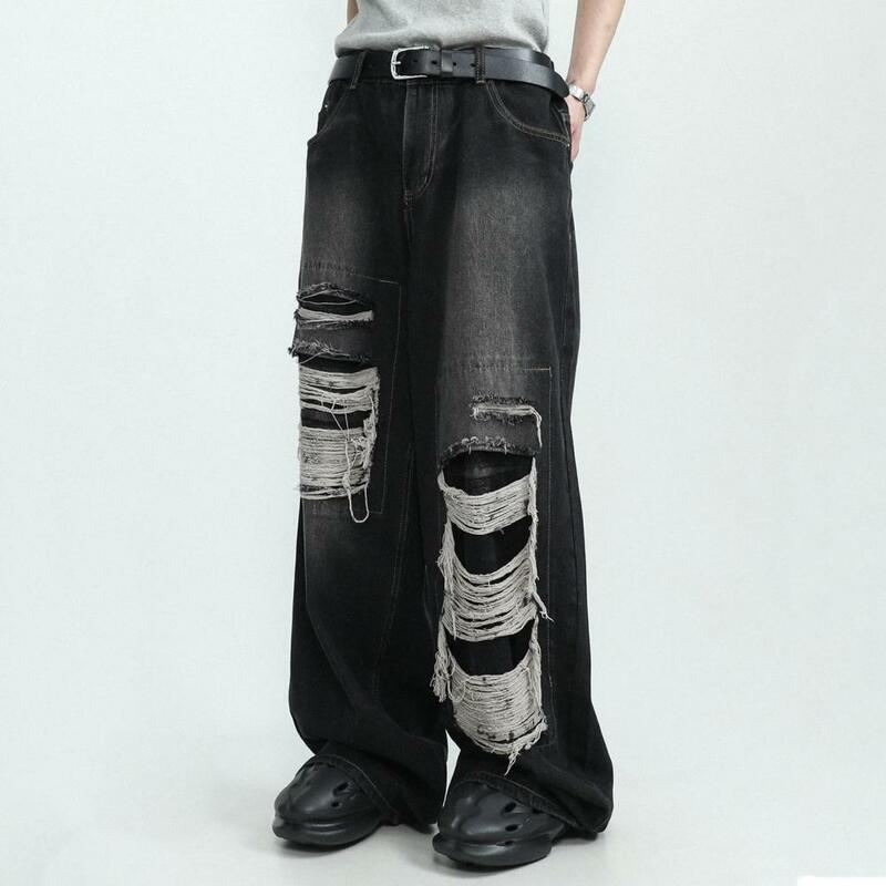 Women's Jeans High Waist Wide Leg Loose Ripped Hip Hop Straight Solid Color Goth Retro Pocket Streetwear Denim Trousers