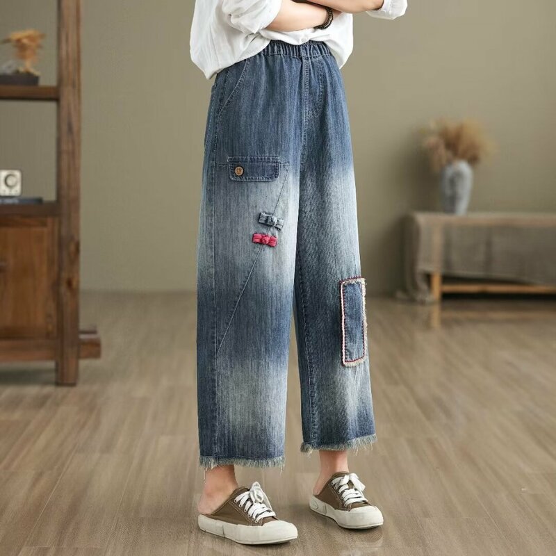 Aricaca Frauen hohe Taille weites Bein Patch Designs Hosen M-2XL Stickerei Mode Jeans hosen