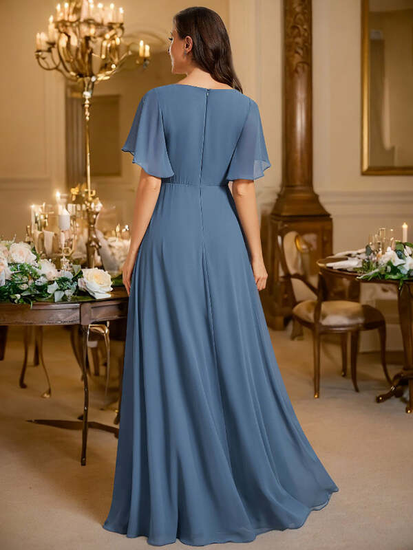 Elegant Evening Dresses Deep V Neck Appliques Pleated Floor-Length 2024 BAZIIINGAAA of Chiffon Dusty Navy Bridesmaid Dresses