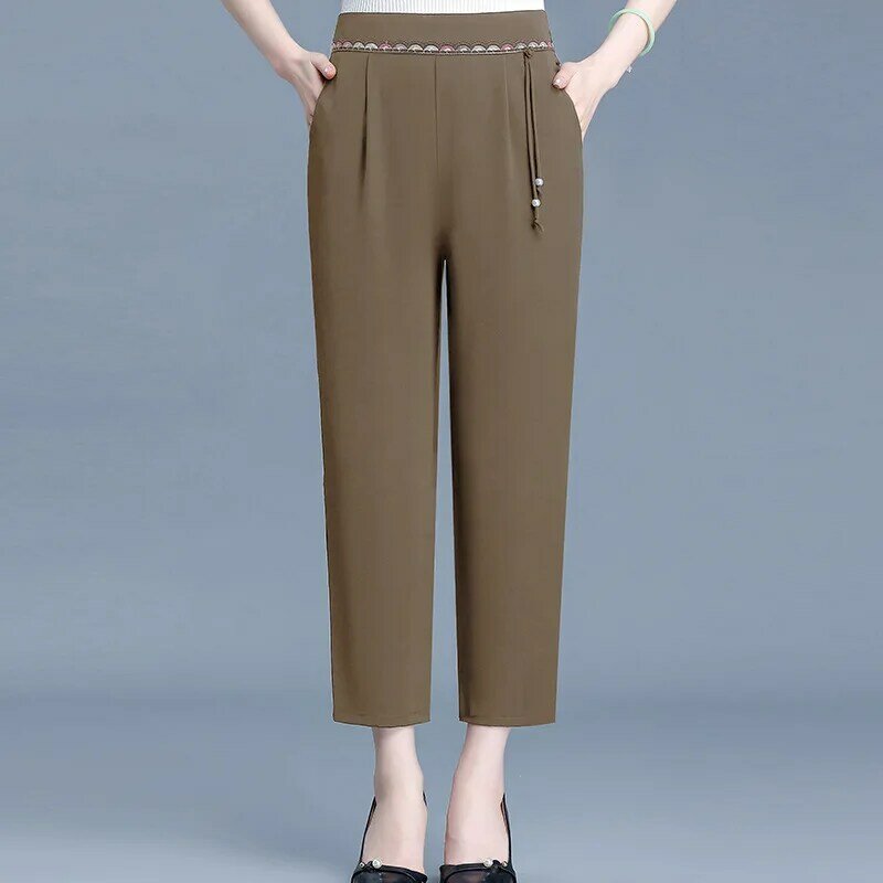 Traje bordado de cintura alta para mujer, pantalones Mom, Vintage, elegante, ajustado, informal, negro, albaricoque, caqui, 2024