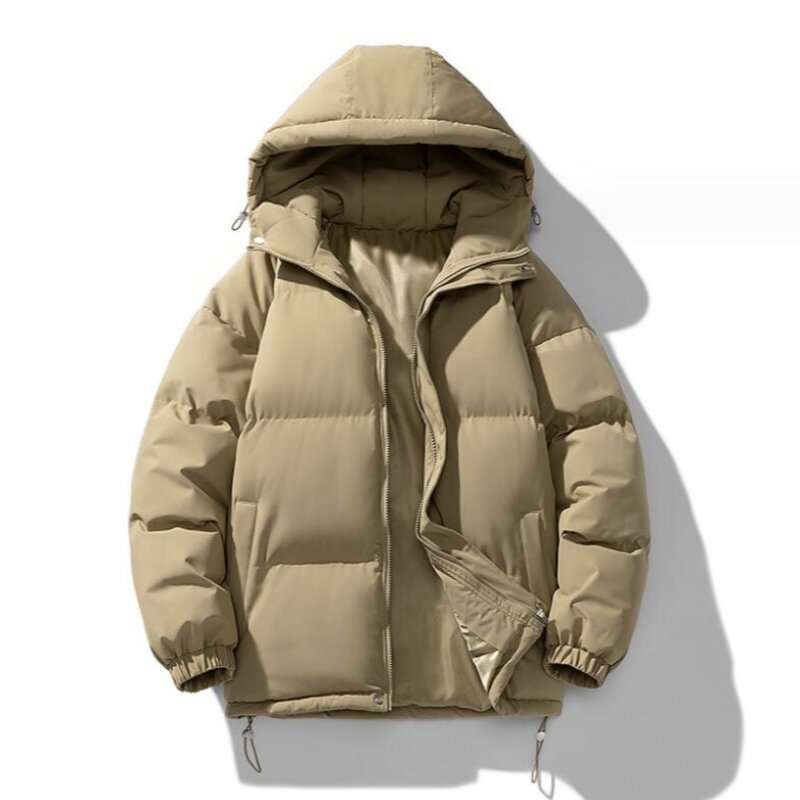 Jaket hoodie katun pria, mantel hangat tebal kasual, mantel Windbreaker bertudung luar ruangan, jaket Puffer katun untuk pria