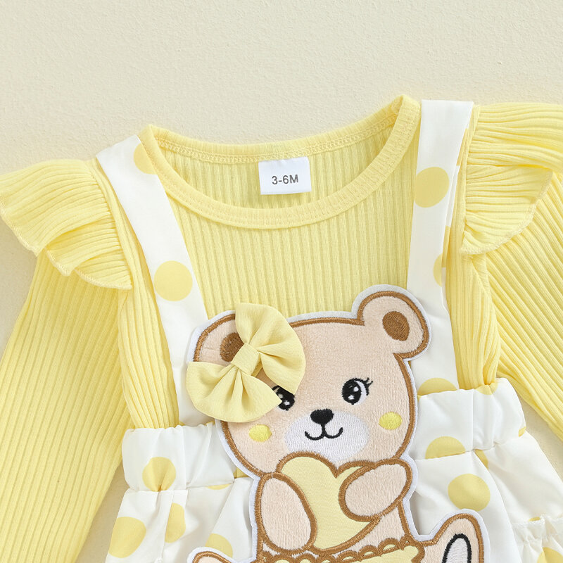 2024-06-01 Lioraitiin Baby Girls Romper, Long Sleeve Crew Neck Embroidery Bear Dots Stripes Casual Bodysuit Clothes