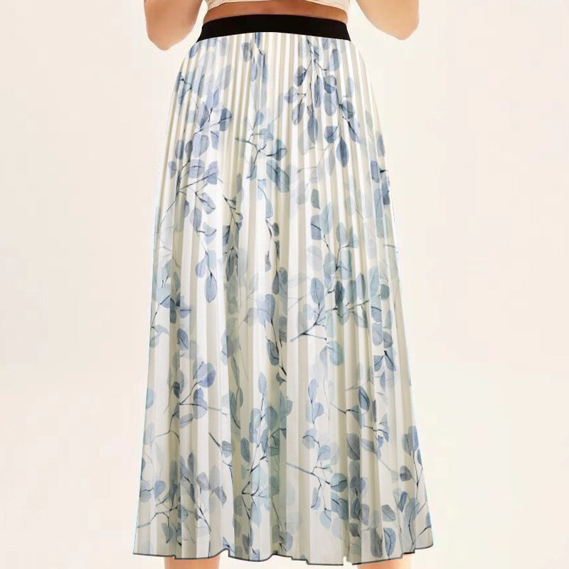 Nighpha-Saia plissada vintage com estampa floral feminina, elástica, cintura alta, midi, longa, casual, primavera, verão