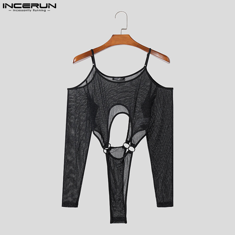 Incerun-ملابس داخلية لامعة للرجال ، أكمام طويلة ، رومبير مكشوف الكتفين ، مجوف ، شبكي ، بدلة جسم شفافة ، غير منتظمة ، ذكور ،