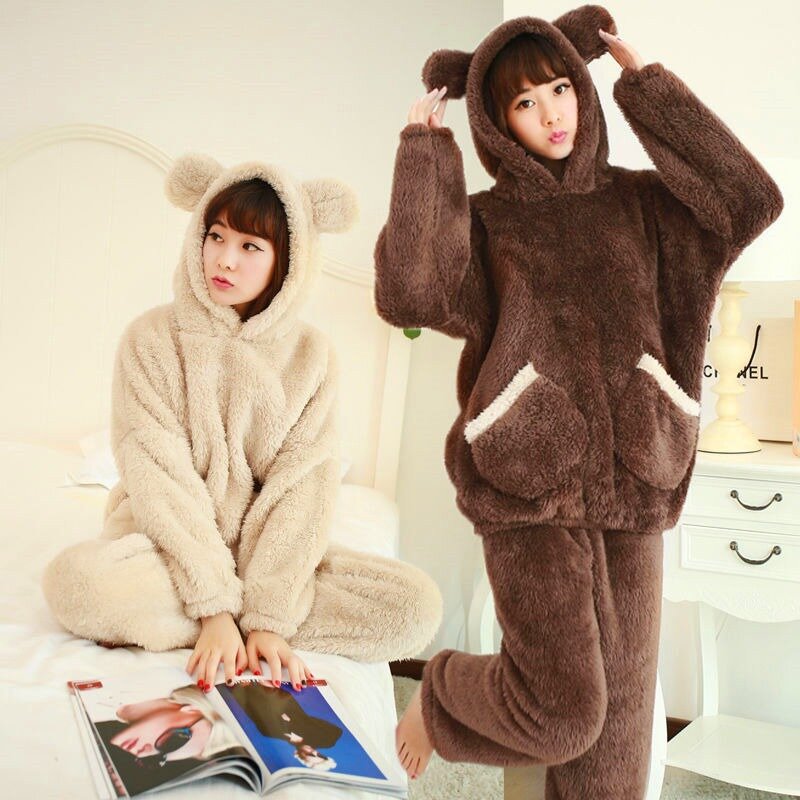 Autumn Winter Women's Padded Plus Size Cartoon Bear Pajamas Cute Coral Velvet Sleepwear Suit Long Sleeve Girls Loungewear Set