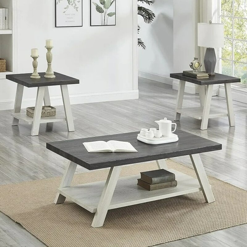 Conjunto contemporâneo para mesa de café com rack de madeira 3 peças, carvão vegetal e cinza, 24D x 48W x 19H