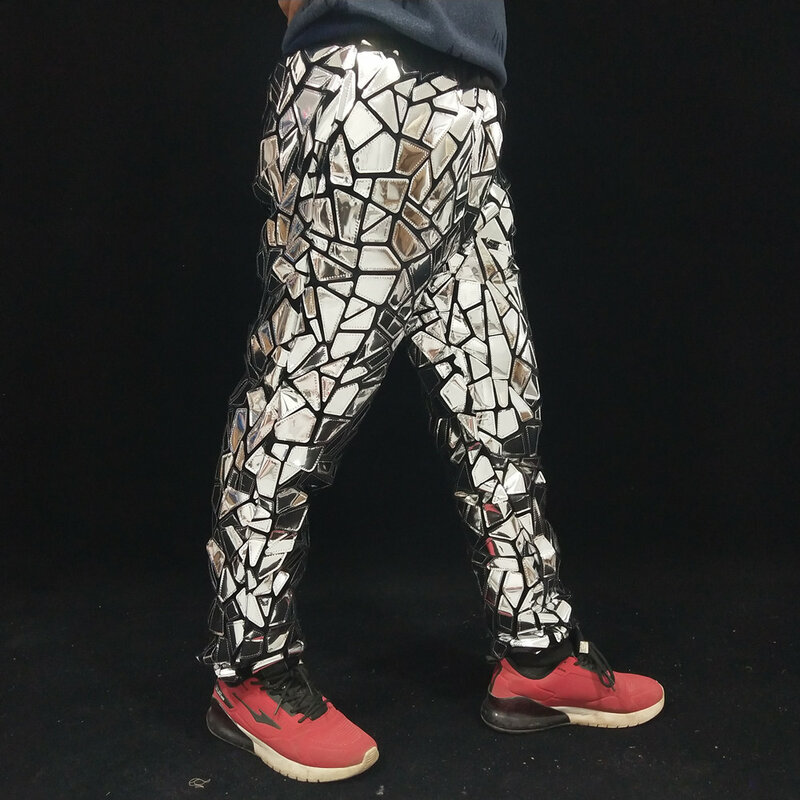 Мужские Блестящие Серебристые зеркальные повседневные брюки хип-хоп танцевальные сценические Блестящие Брюки для выступлений эластичные шаровары для бара певицы
