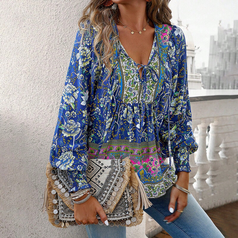 High Quality Printed Shirt Women's Autumn 2024 Temperament V-neck Long Sleeved Top Bohemian Style T-shirt Vintage Clothes Grunge