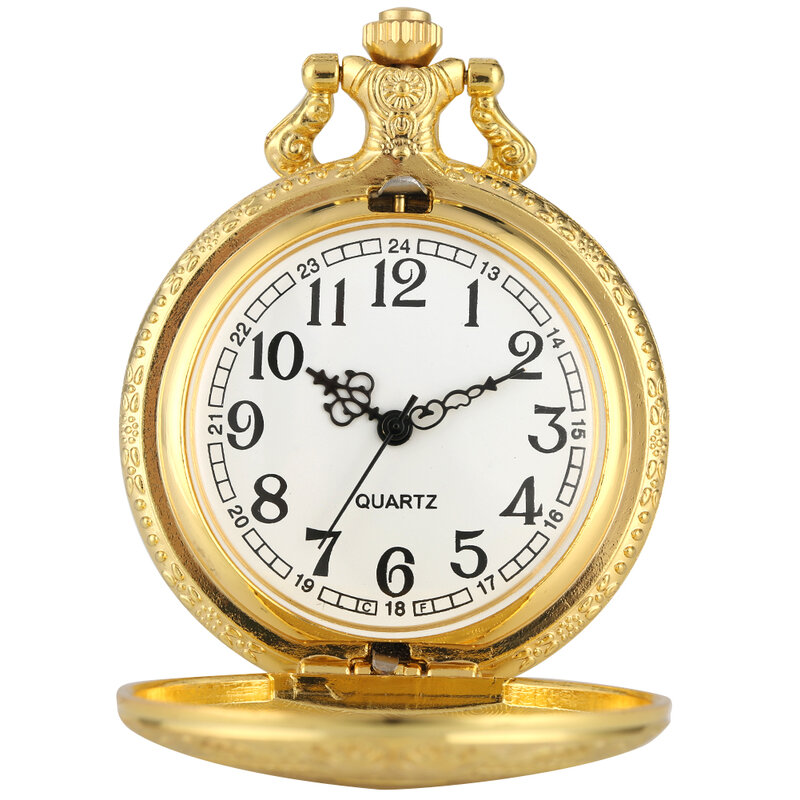 Reloj de bolsillo de cuarzo analógico con colgante dorado de lujo para hombres y mujeres, escudo Vintage, regalo con cadena de collar