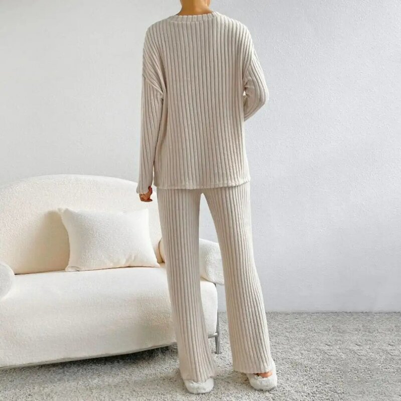 2 Pcs Sweater Pants Suit Thread V Neck Solid Color Knitted Loose Elastic Waist Casual Wide Leg Homewear Fall Winter Pajamas Set