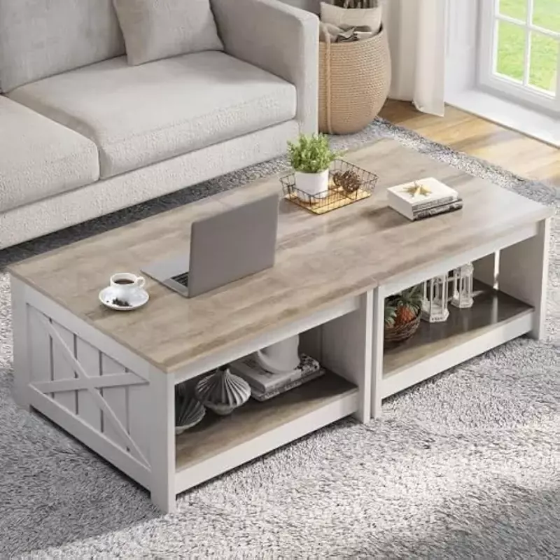 Square Living Room Table for Living Meeting Room Set of 2 Coffee Table Set With Storage Furniture Grey Wash Tables Center Salon