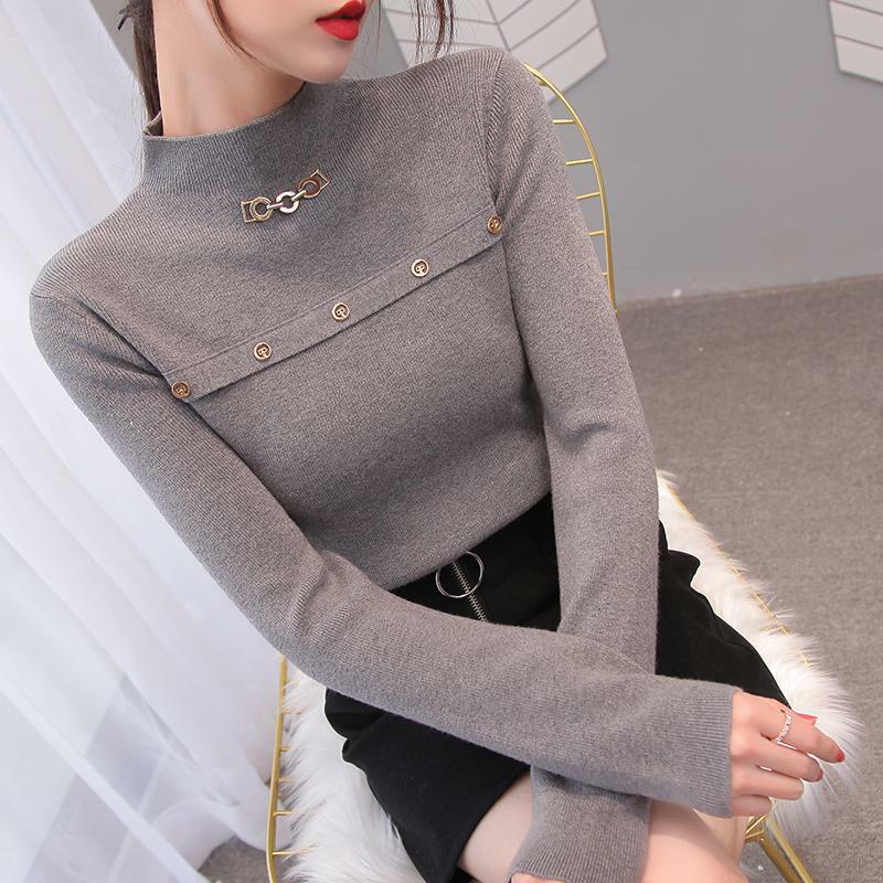 Women Elegant Korean Solid Slim Half High Collar Chain Knitted Sweater Fall Winter Long Sleeve Simple Basic Pullover Top Jumpers